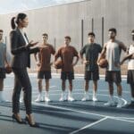 Entrenador dando instrucciones a jóvenes jugadores en una cancha moderna al aire libre, ambiente motivador y profesional.