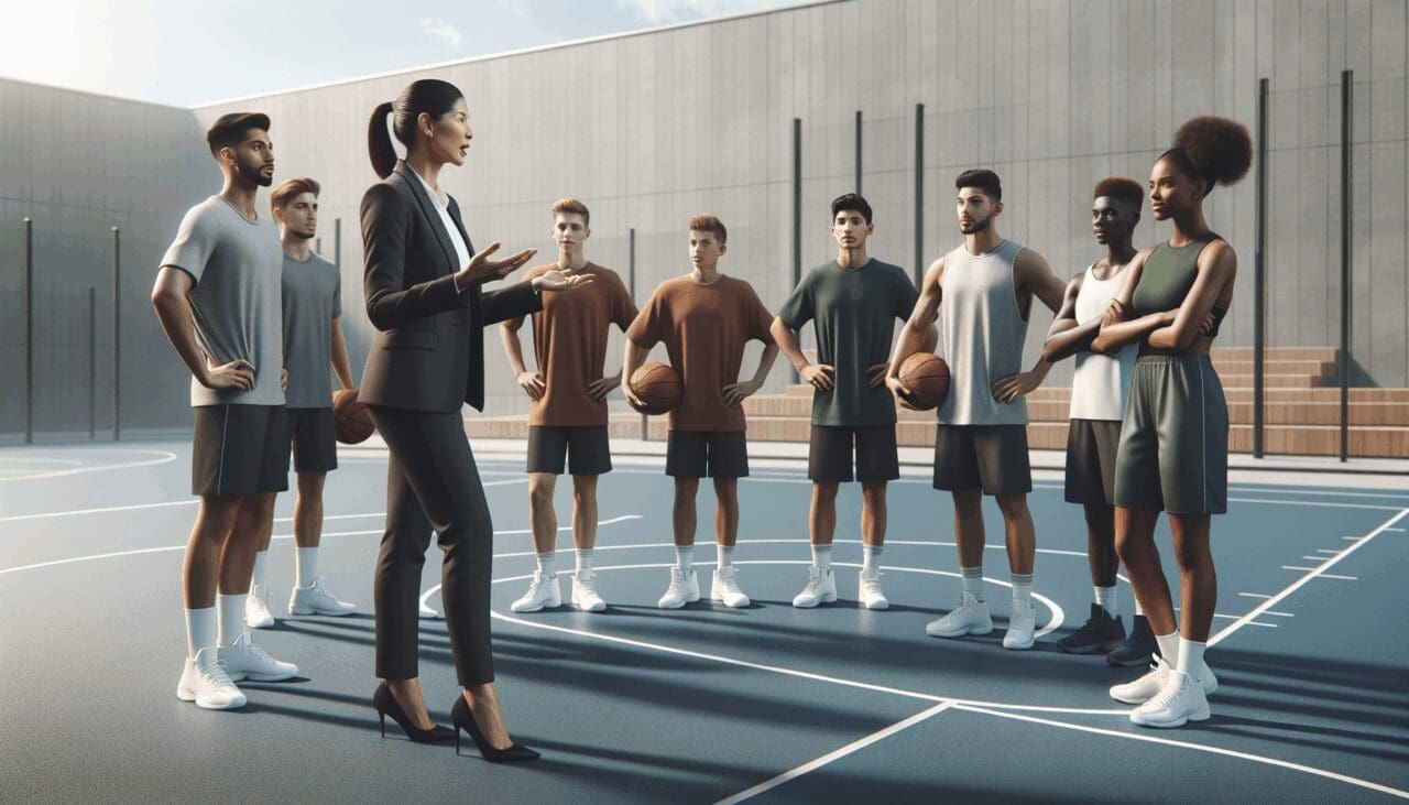 Entrenador dando instrucciones a jóvenes jugadores en una cancha moderna al aire libre, ambiente motivador y profesional.