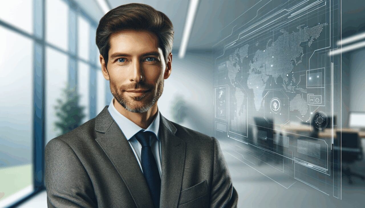 Retrato de un ejecutivo en una oficina moderna con fondo tecnológico
