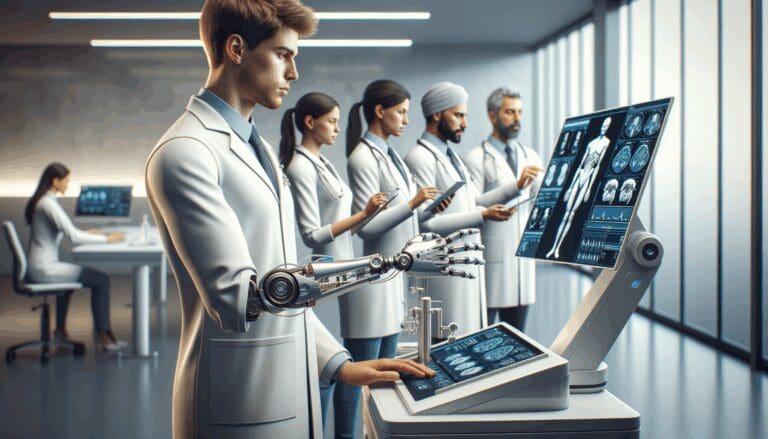 Simulador médico de brazo hiperrealista en un laboratorio moderno, con profesionales médicos utilizando tecnología avanzada.