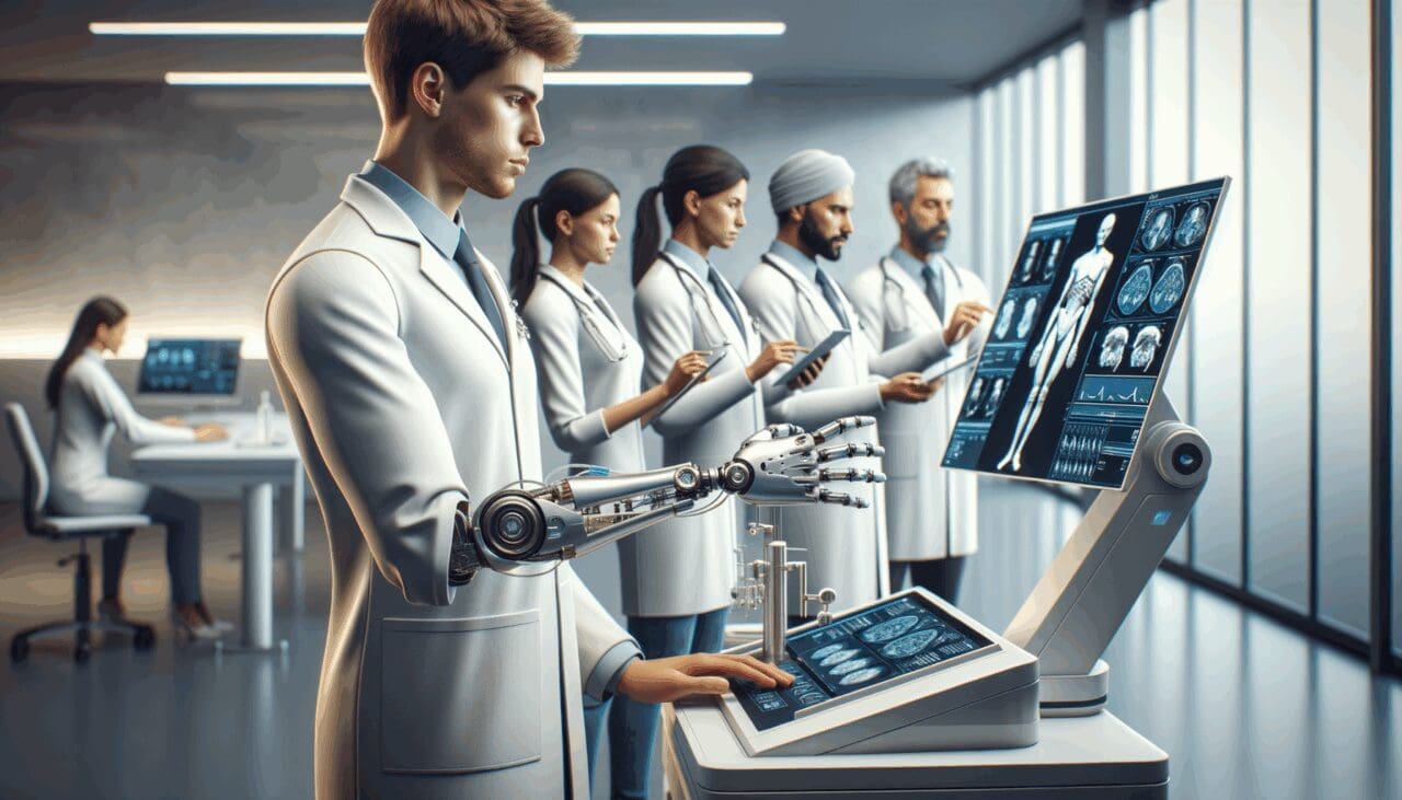 Simulador médico de brazo hiperrealista en un laboratorio moderno, con profesionales médicos utilizando tecnología avanzada.