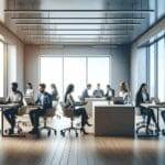 Espacio de coworking moderno con emprendedores colaborando en ordenadores portátiles.