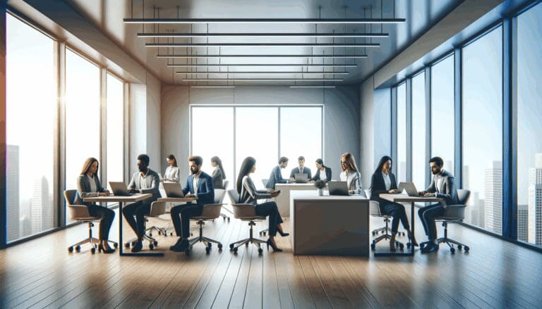 Espacio de coworking moderno con emprendedores colaborando en ordenadores portátiles.