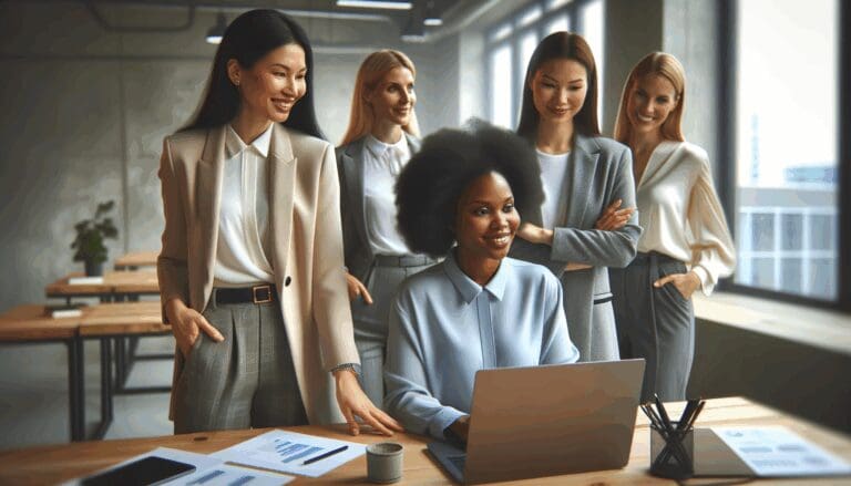 Mujeres empresarias colaborando en un espacio de coworking moderno.