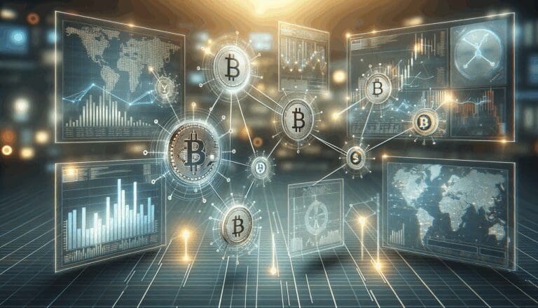 Gráfica digital mostrando conexiones entre datos financieros y criptomonedas en un entorno tecnológico moderno.