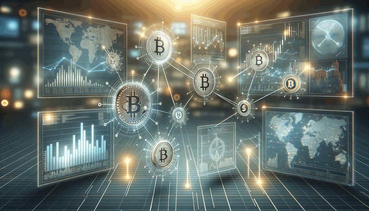 Gráfica digital mostrando conexiones entre datos financieros y criptomonedas en un entorno tecnológico moderno.
