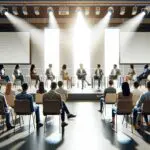 Personas participando en un conversatorio en un moderno auditorio, proyectores y ambiente profesional.