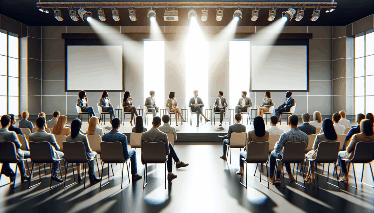 Personas participando en un conversatorio en un moderno auditorio, proyectores y ambiente profesional.