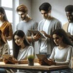 Grupo diverso de personas jóvenes colaborando y aprendiendo en un espacio de coworking moderno.