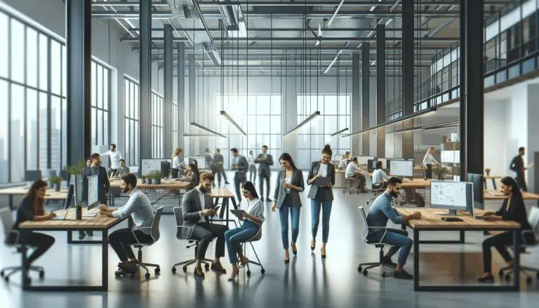 Oficinas de una startup tecnológica con empleados colaborando en un espacio abierto.