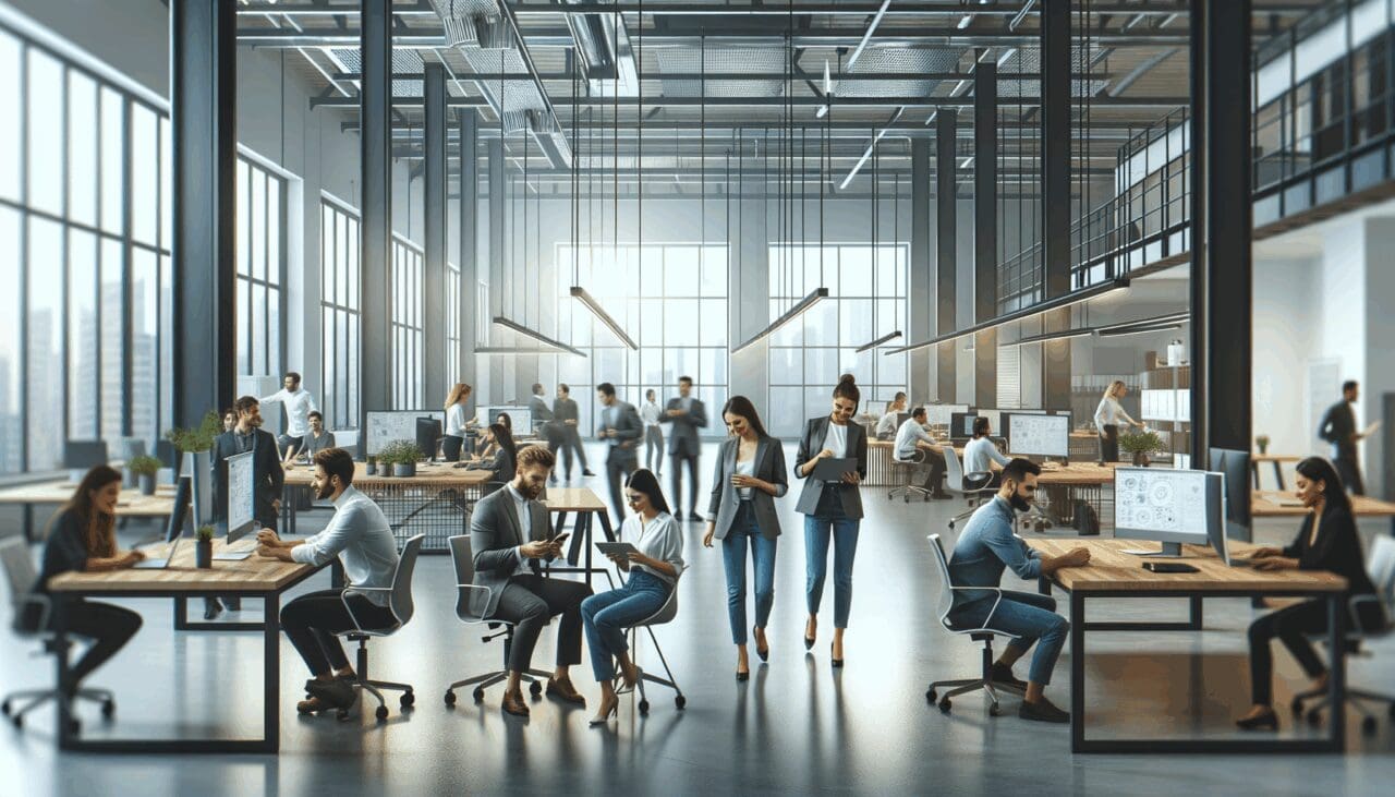 Oficinas de una startup tecnológica con empleados colaborando en un espacio abierto.