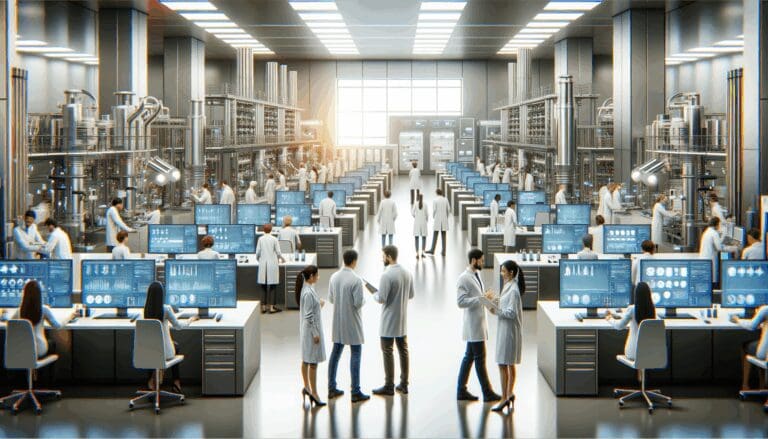 Laboratorio de alta tecnología con equipos científicos avanzados y personas trabajando.