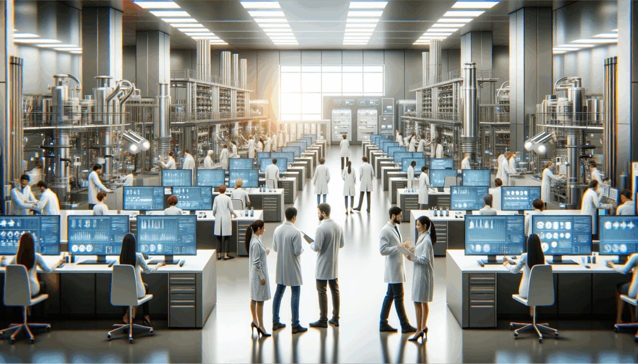 Laboratorio de alta tecnología con equipos científicos avanzados y personas trabajando.