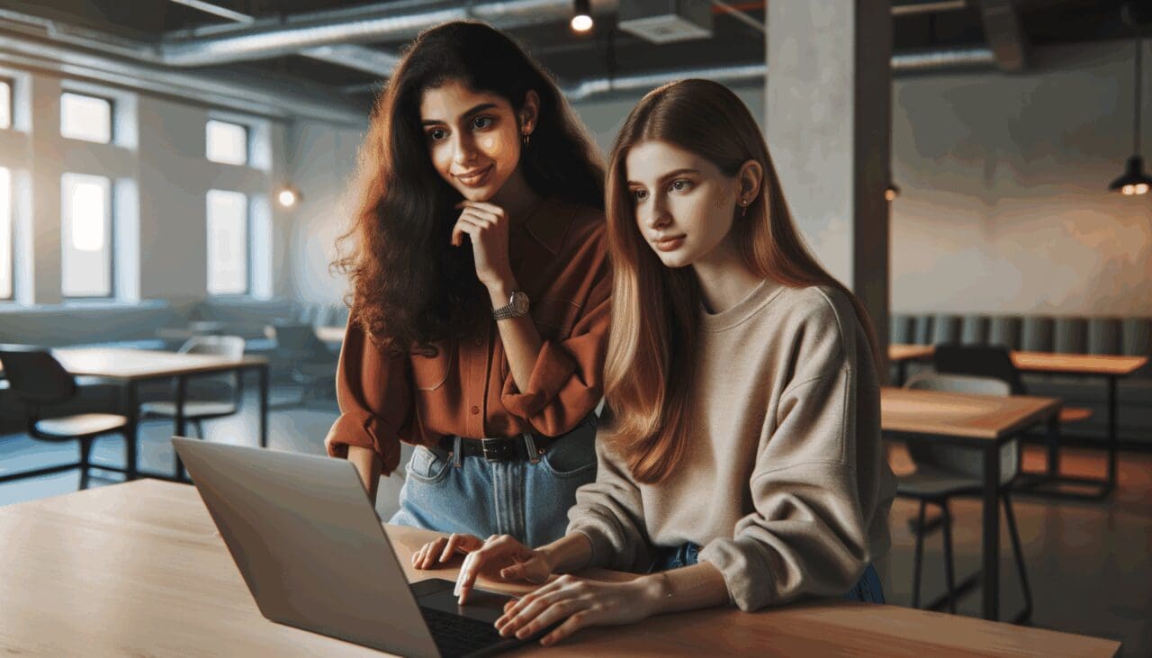 Dos emprendedoras jóvenes trabajando juntas frente a una laptop en un espacio de coworking moderno.