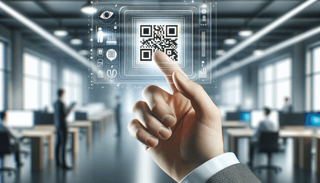 Primer plano de una mano escaneando un código QR con fondo desenfocado de oficina tecnológica moderna.