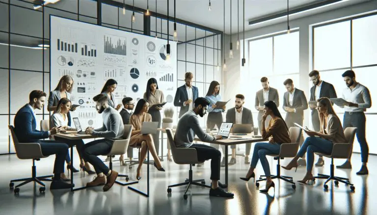 Equipo de jóvenes emprendedores colaborando frente a pantallas con gráficos y datos en un espacio de oficinas moderno.