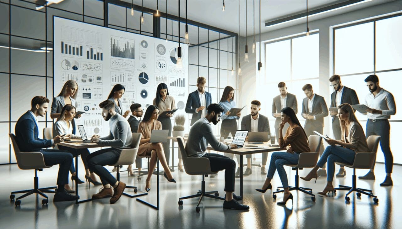 Equipo de jóvenes emprendedores colaborando frente a pantallas con gráficos y datos en un espacio de oficinas moderno.