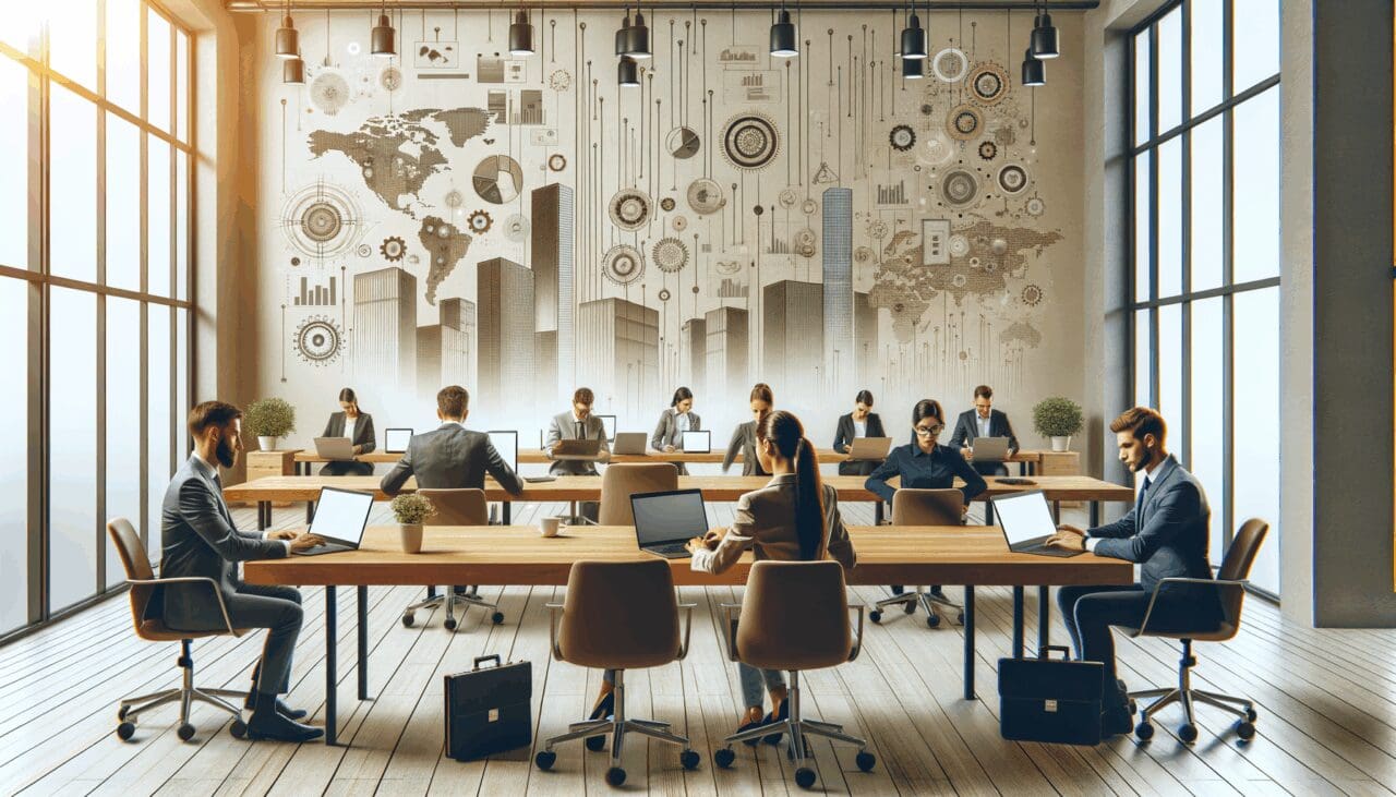 Espacio de coworking moderno con emprendedores utilizando laptops y pantallas digitales, ambiente innovador.