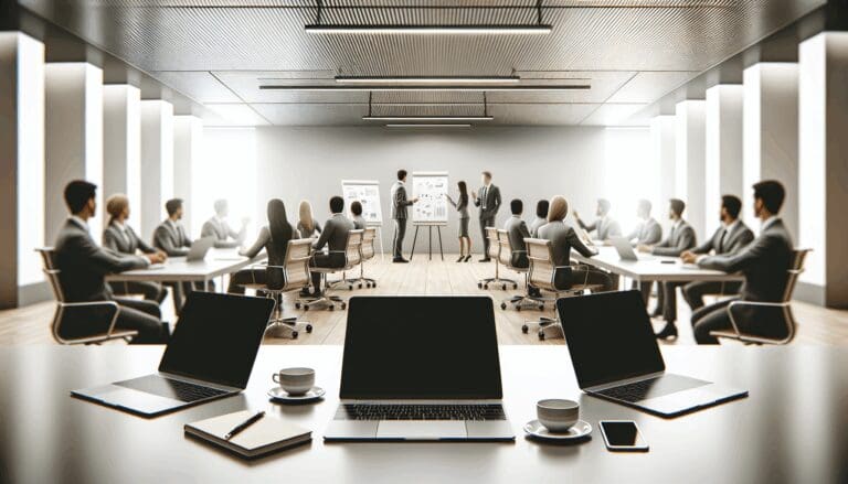 Primer plano de reunión de inversores y emprendedores en un espacio de coworking moderno, con laptops y pizarras.