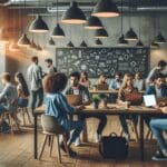 Jóvenes emprendedores colaborando en un espacio de coworking tecnológico con pizarras y laptops.