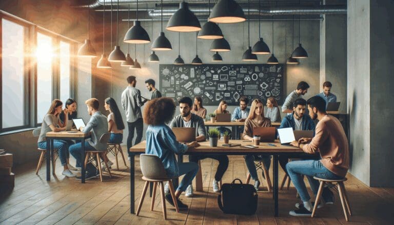 Jóvenes emprendedores colaborando en un espacio de coworking tecnológico con pizarras y laptops.