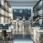 Oficina de alta tecnología con robots industriales y pantallas innovadoras en un entorno urbano moderno.