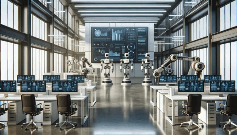 Oficina de alta tecnología con robots industriales y pantallas innovadoras en un entorno urbano moderno.