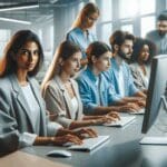 Equipo joven trabajando con computadoras en un luminoso laboratorio de tecnología moderna.