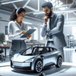 Dos emprendedores analizando el diseño de un vehículo eléctrico en un taller moderno y luminoso.