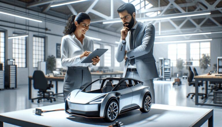 Dos emprendedores analizando el diseño de un vehículo eléctrico en un taller moderno y luminoso.