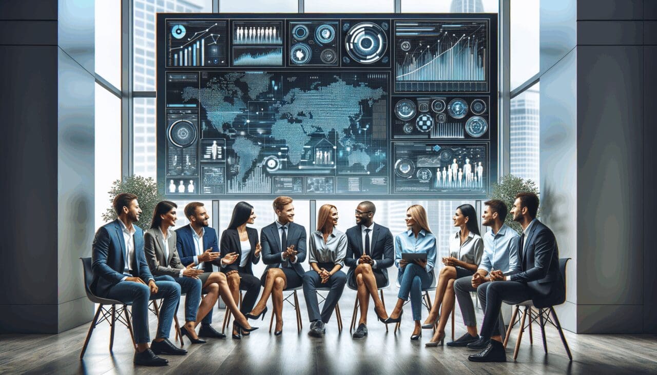 Grupo diverso de emprendedores discutiendo frente a pantallas con gráficos tecnológicos en fondo de oficinas modernas.