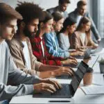 Primer plano de una reunión de startup tecnológica con jóvenes programadores trabajando en laptops en una oficina moderna.