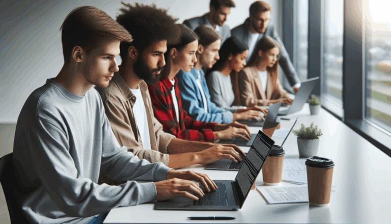 Primer plano de una reunión de startup tecnológica con jóvenes programadores trabajando en laptops en una oficina moderna.