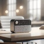 Radio tecnológica compacta sobre una mesa de trabajo, con fondo desenfocado y luz natural.