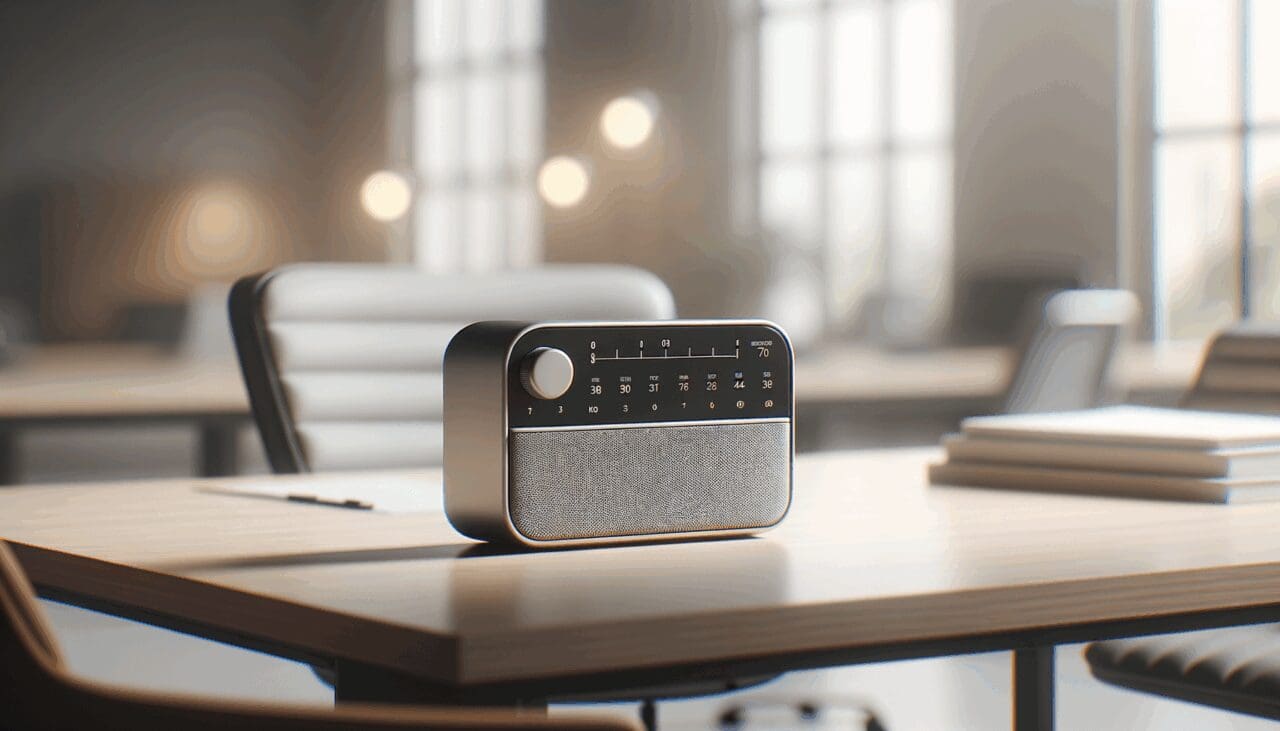 Radio tecnológica compacta sobre una mesa de trabajo, con fondo desenfocado y luz natural.