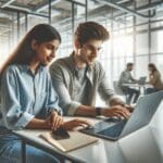 Dos fundadores jóvenes colaborando en laptops en una oficina moderna y luminosa, ambiente tecnológico.