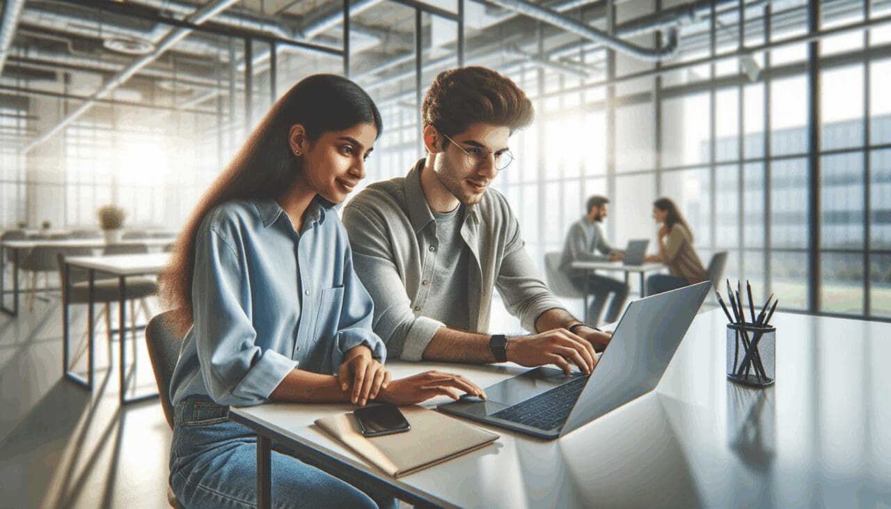 Dos fundadores jóvenes colaborando en laptops en una oficina moderna y luminosa, ambiente tecnológico.