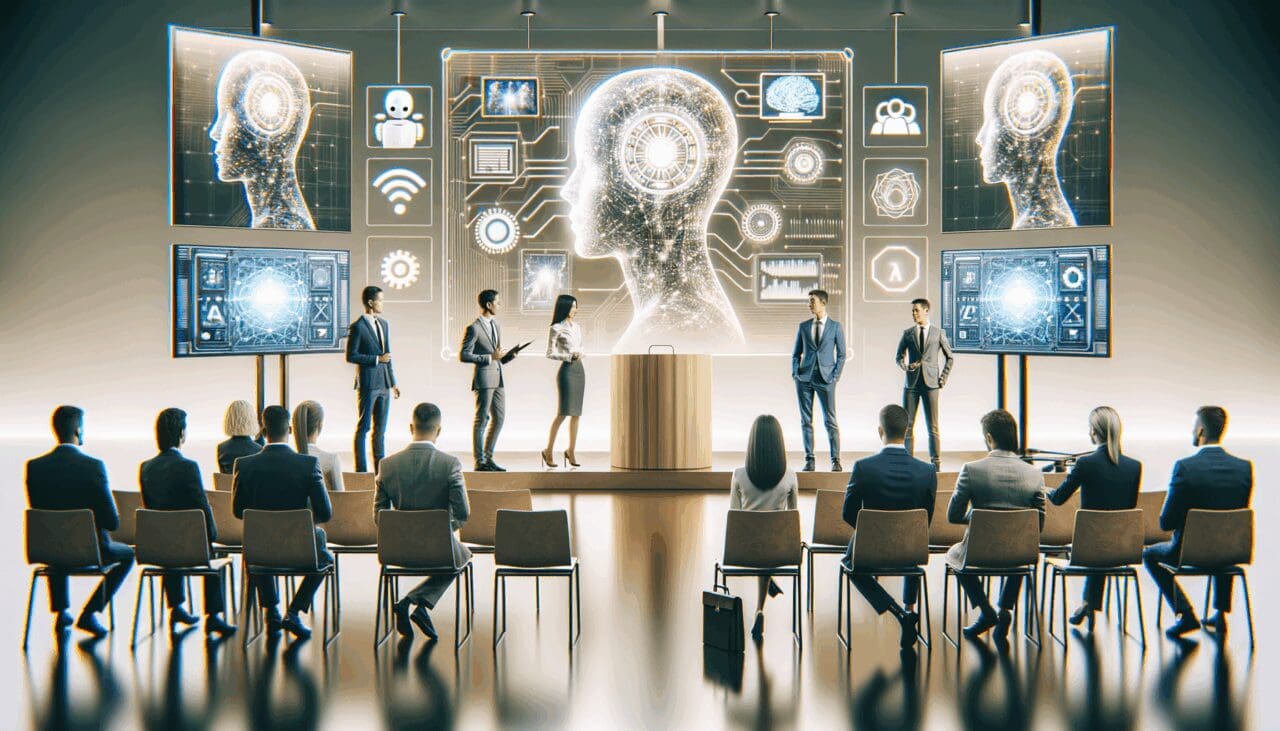 Congreso tecnológico con emprendedores interactuando y pantallas digitales de inteligencia artificial de fondo.
