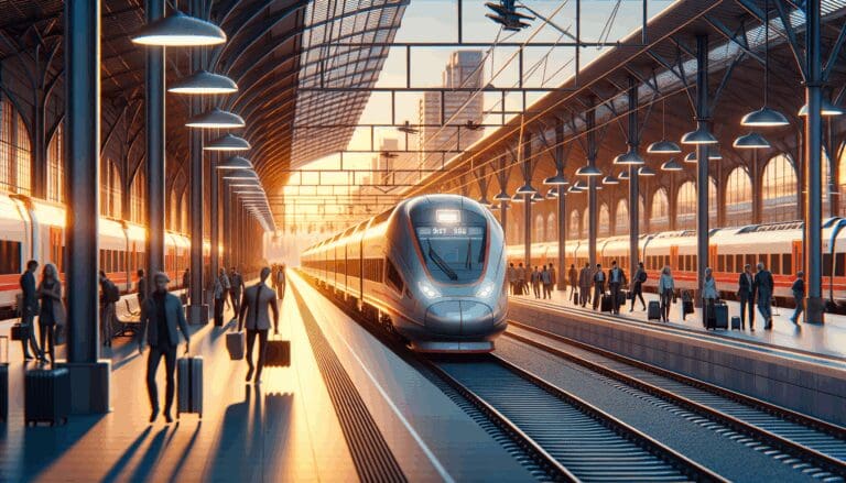 Tren moderno en estación europea al atardecer, con cabinas iluminadas y viajeros en el andén.