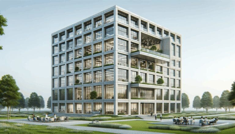 Fachada de un moderno edificio tecnológico de seis pisos, rodeado de áreas verdes y espacios colaborativos.