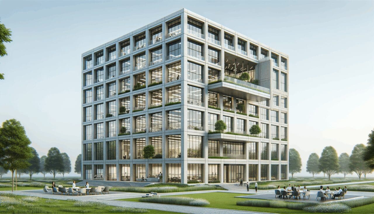 Fachada de un moderno edificio tecnológico de seis pisos, rodeado de áreas verdes y espacios colaborativos.