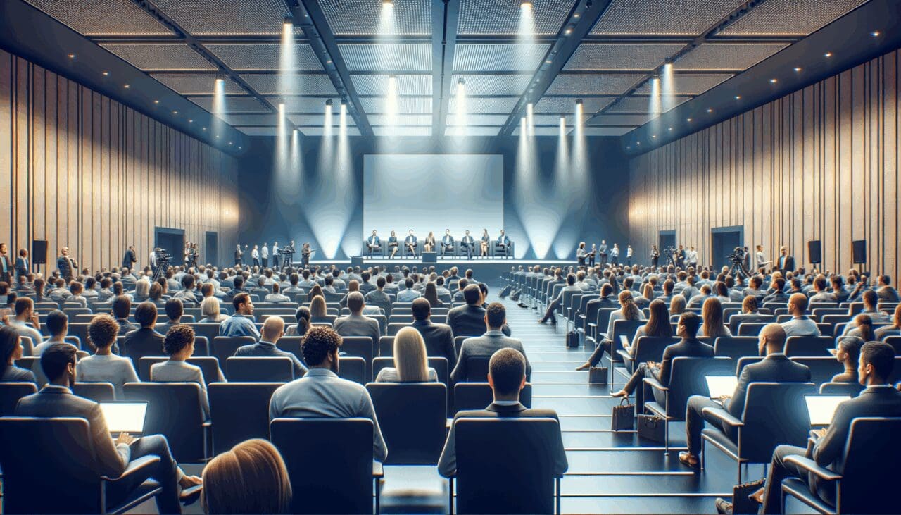 Auditorio con personas participando en un evento tecnológico.