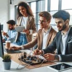 Jóvenes emprendedores colaborando en un moderno coworking con equipos tecnológicos.