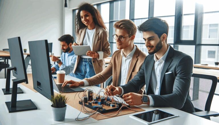 Jóvenes emprendedores colaborando en un moderno coworking con equipos tecnológicos.