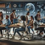 Grupo de jóvenes emprendedores colaborando en una oficina moderna con pantallas mostrando gráficos espaciales.