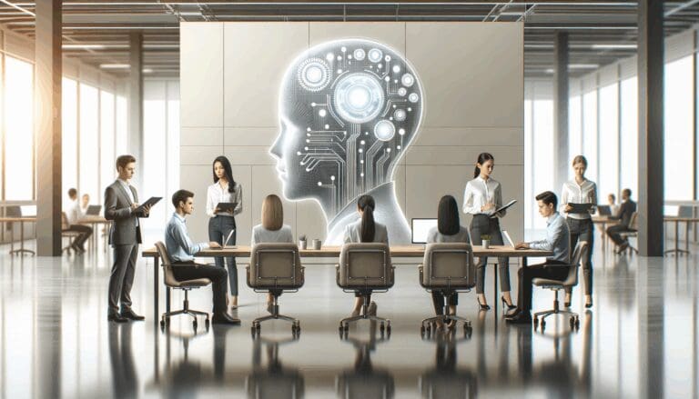 Grupo de emprendedores trabajando en un proyecto de inteligencia artificial en una oficina moderna.