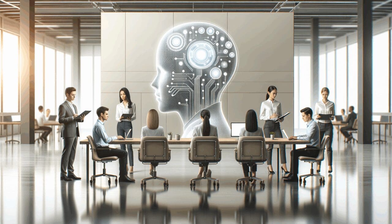 Grupo de emprendedores trabajando en un proyecto de inteligencia artificial en una oficina moderna.