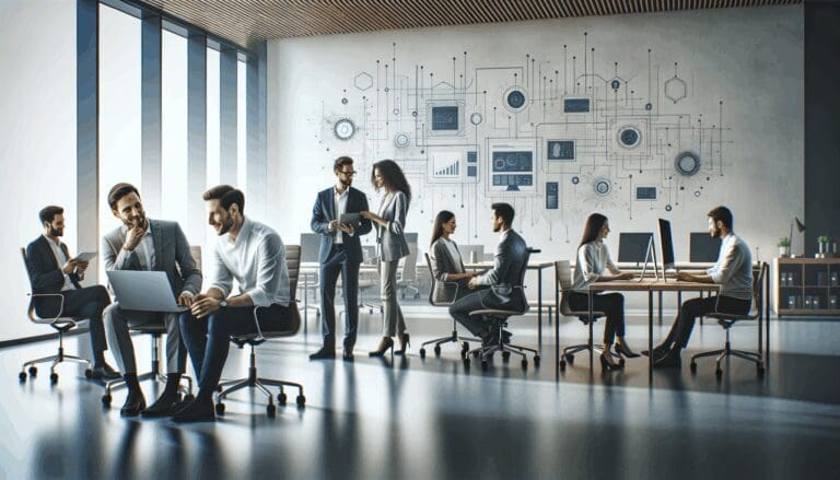 Emprendedores colaborando en un moderno espacio de coworking con ambiente tecnológico.