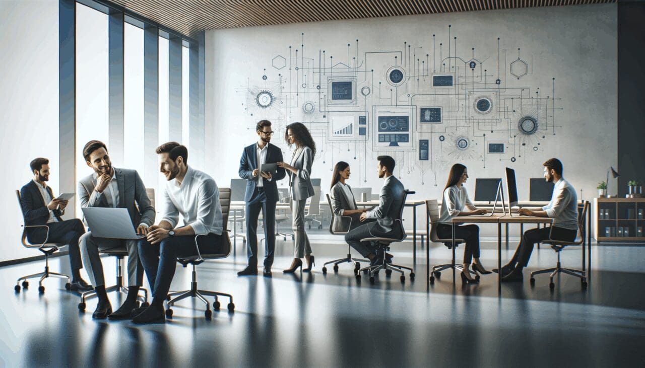 Emprendedores colaborando en un moderno espacio de coworking con ambiente tecnológico.