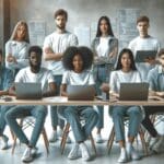 Grupo diverso de jóvenes desarrolladores trabajando juntos en oficina moderna con computadoras portátiles y pantallas.